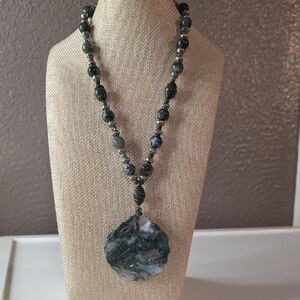 Vintage Carved Moss Agate Pendant Necklace